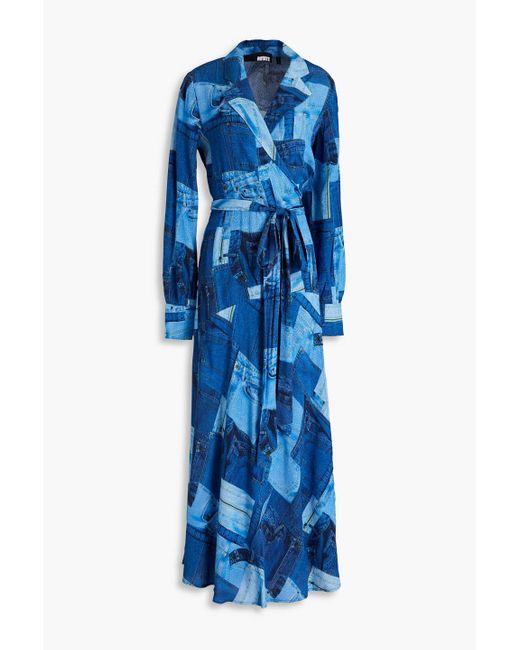ROTATE BIRGER CHRISTENSEN Blue Printed Crepe Maxi Wrap Dress
