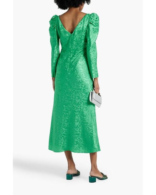 Saloni Green Alena Silk-satin Jacquard Midi Dress