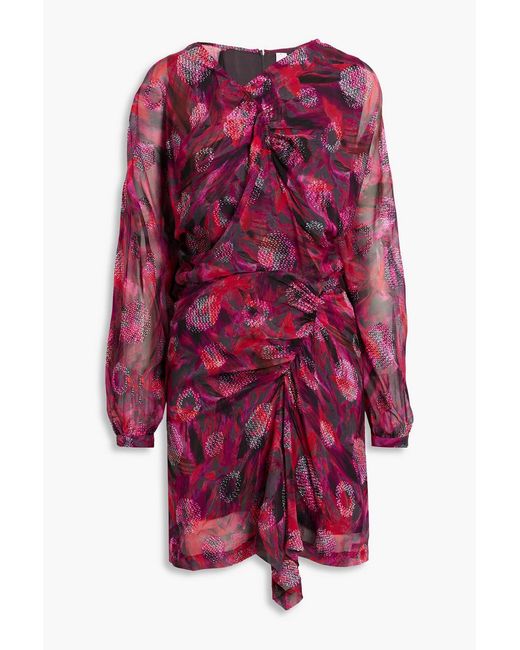 IRO Red Paolina Ruched Printed Fil Coupé Silk-blend Chiffon Mini Dress