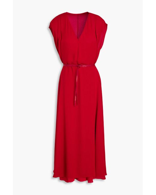 Valentino Garavani Red Leather-trimmed Silk-crepe Midi Dress