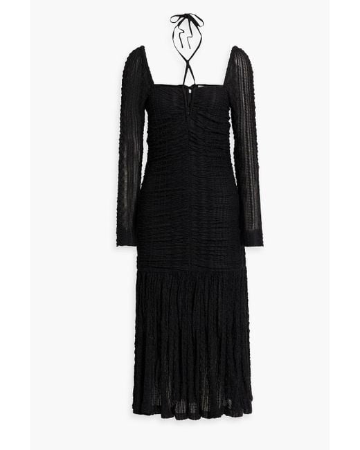 Ganni Black Ruched Stretch-cloqué Midi Dress