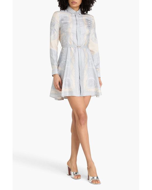 Versace White Belted Printed Silk-Twill Mini Shirt Dress