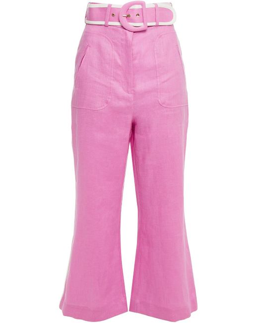 Zimmermann Pink Belted Linen Kick-flare Pants