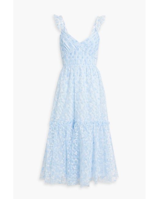 ML Monique Lhuillier Blue Ruffled Embroidered Tulle Midi Dress