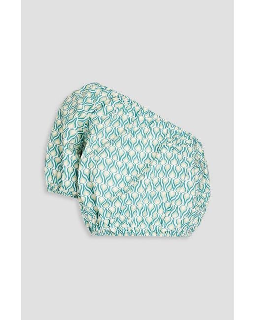 Onia Blue Bedrucktes cropped oberteil aus baumwollpopeline mit asymmetrischer schulterpartie