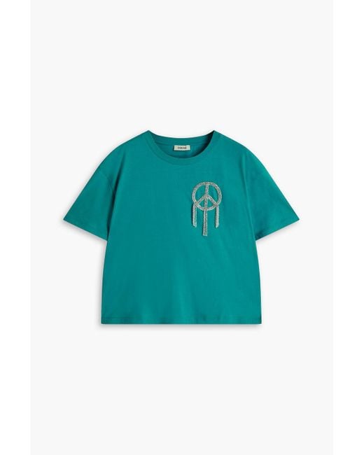 Sandro Green Embellished Cotton-jersey T-shirt