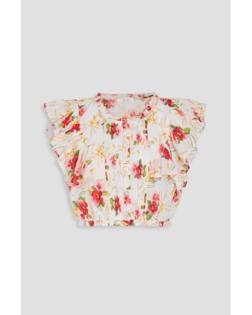 LoveShackFancy Pink Nora Cropped Pintucked Floral-print Cotton Top