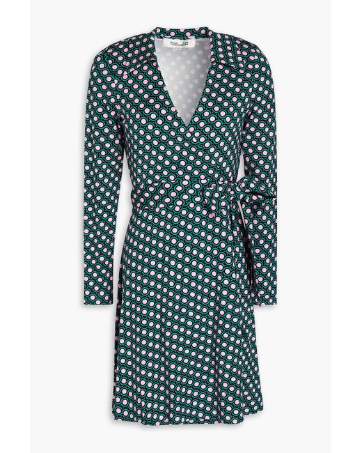 Diane von Furstenberg Green Demetria Printed Jersey Mini Wrap Dress
