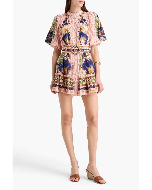 Farm Rio Pink Belted Floral-print Cotton-blend Mini Dress