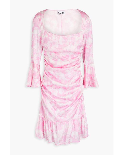 Ganni Pink Draped Printed Silk-blend Satin Mini Dress