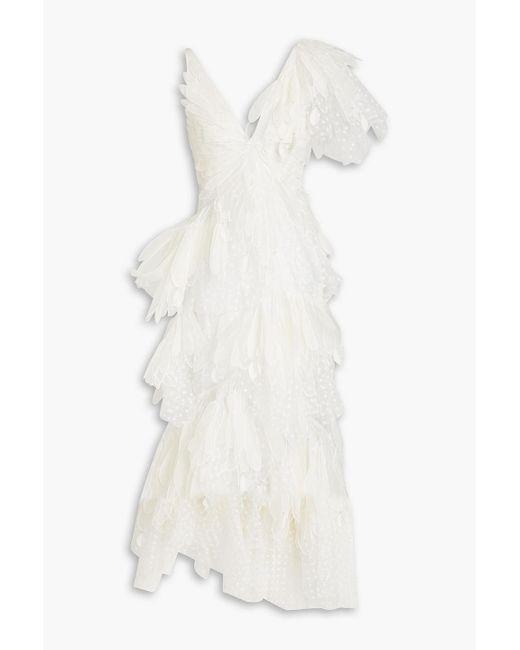 Zimmermann White Rhythmic Tiered Linen And Silk-blend Organza And Flocked Tulle Gown