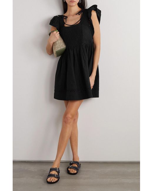 Sea Black Willa Embroidered Smocked Cotton-voile Mini Dress