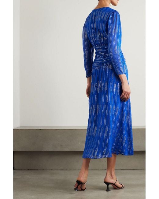 Rixo Blue Racquel Ruched Metallic Jacquard Midi Dress