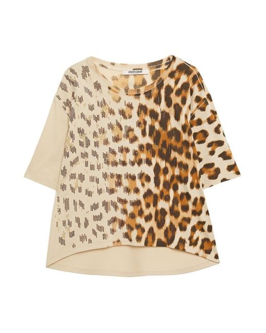 ROBERTO CAVALLI Womens Cotton Cheetah Print Logo T-Shirt Teal