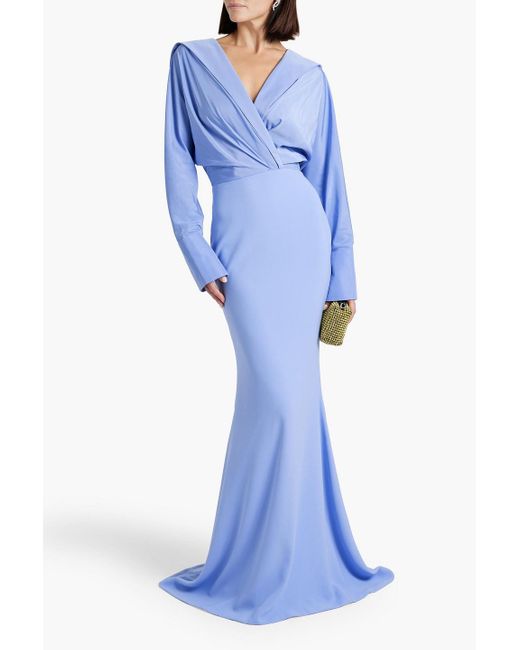 Rhea Costa Blue Wrap-effect Draped Taffeta And Crepe Gown