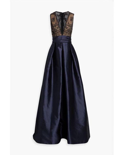 Zuhair Murad Blue Bow-embellished Lace-paneled Taffeta Gown