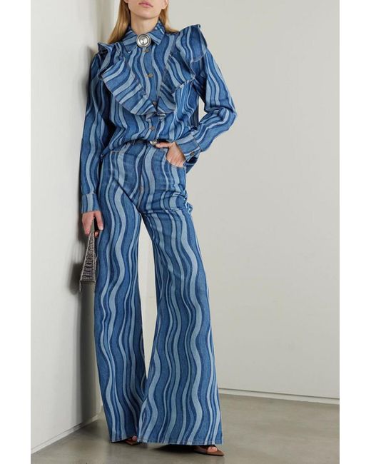 Area Blue Sunray Embellished Printed Ruffled Denim Shirt