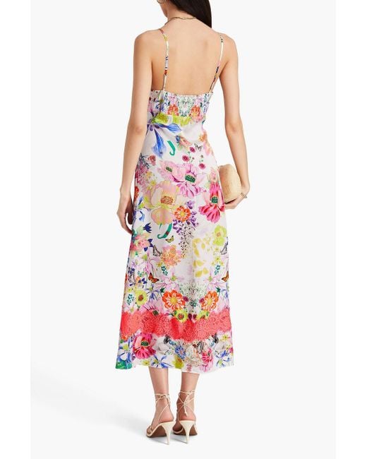 Camilla White Crystal-embellished Floral-print Silk-satin Midi Dress