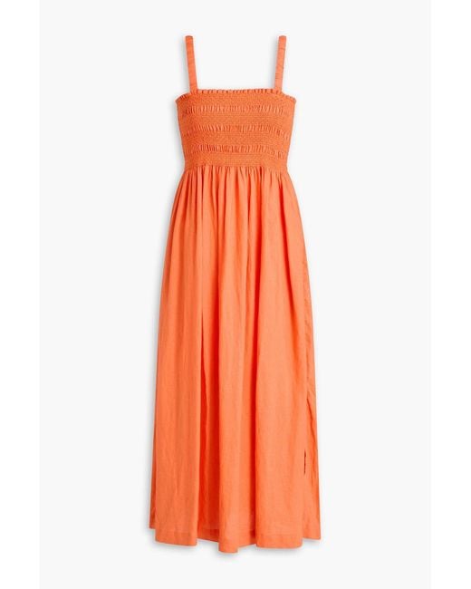 Heidi Klein Orange Shirred Linen Midi Dress
