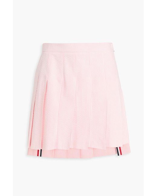 Thom Browne Pink Pleated Striped Cotton-Seersucker Mini Skirt