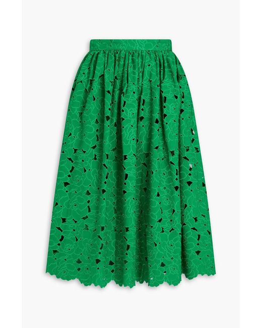 Erdem Green Gathered Broderie Anglaise Cotton-Blend Midi Skirt