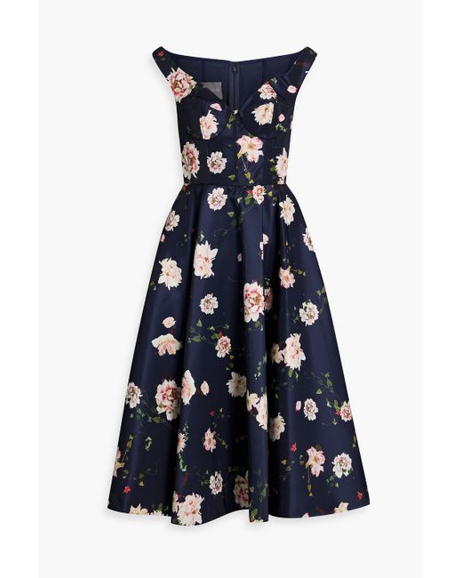Monique Lhuillier Blue Off-The-Shoulder Floral-Print Faille Midi Dress