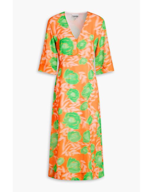 Ganni Orange Printed Crepon Midi Dress