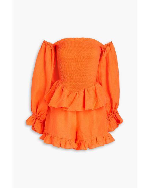 Sleeper Orange Atlanta Off-The-Shoulder Ruffled Linen Mini Dress