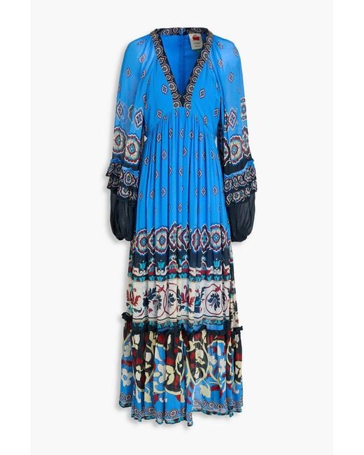 Farm Rio Blue Gathered Printed Georgette Maxi Dress