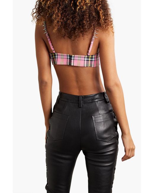 Area Pink Embellished Checked Wool-blend Bra Top