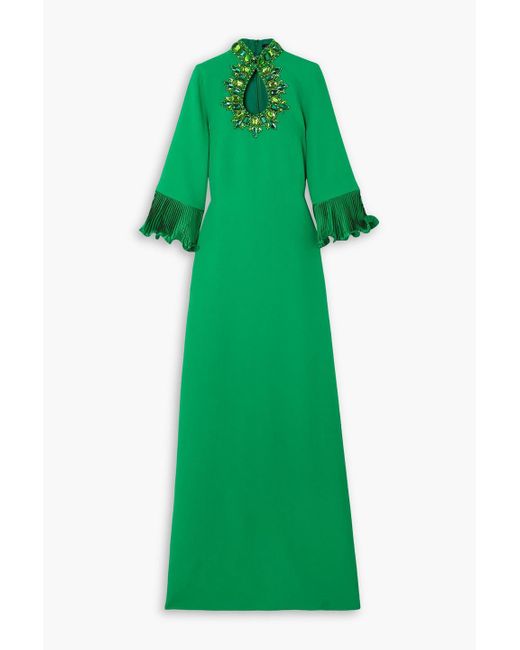 Andrew Gn Crystal-embellished Cutout Pliss Satin-trimmed Crepe Gown in  Green | Lyst