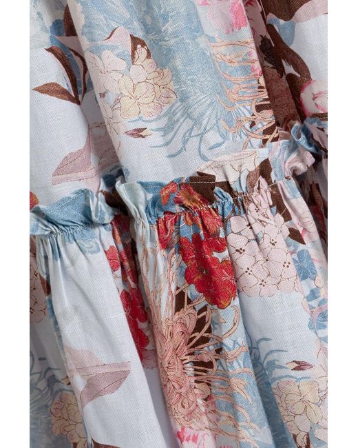 Cara Cara White Torres gestuftes midikleid aus leinen mit floralem print