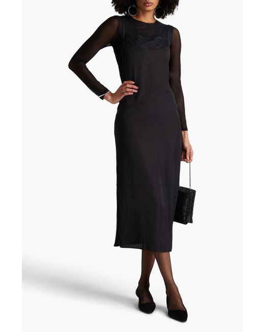 Maje Black Lace-Trimmed Satin Midi Slip Dress