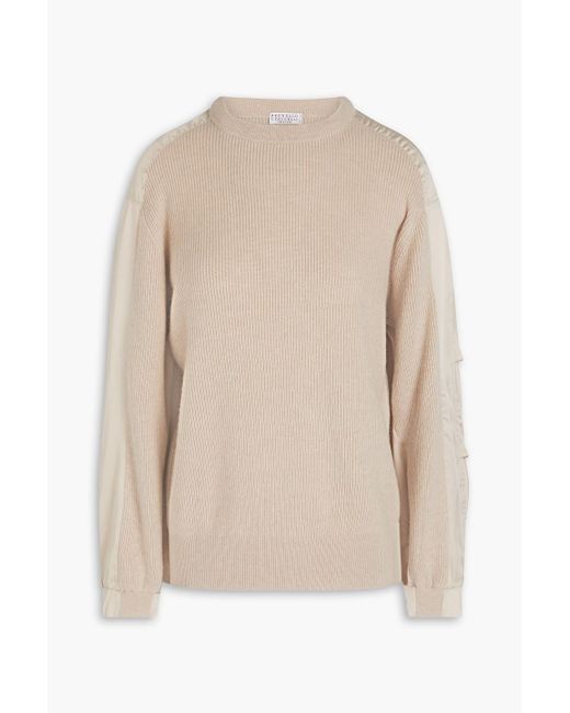 Brunello Cucinelli Natural Satin-paneled Ribbed Cashmere Sweater