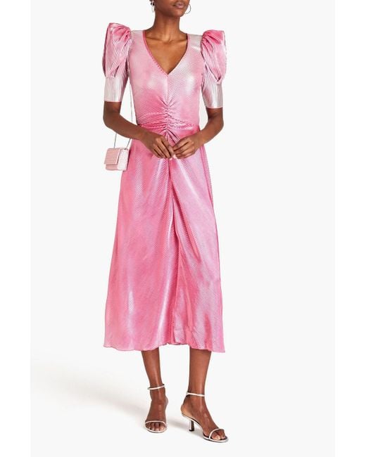 ROTATE BIRGER CHRISTENSEN Pink Ruched Metallic Plissé-satin Midi Dress