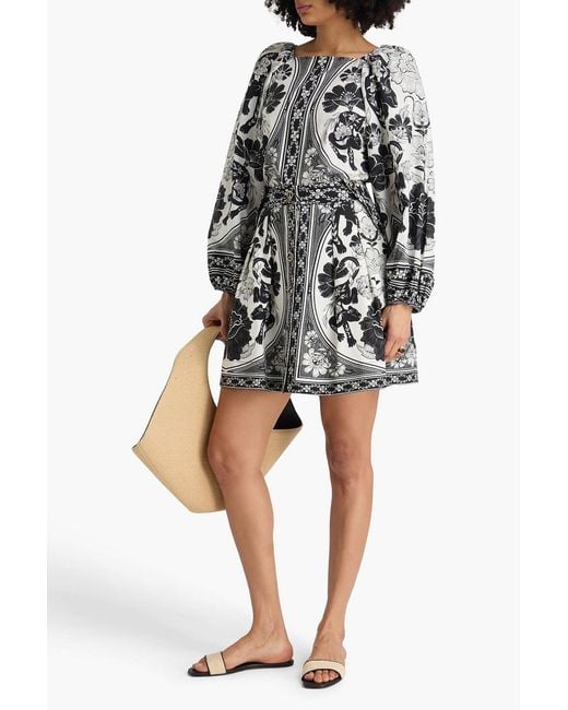 Farm Rio Black Pleated Printed Cotton And Lyocell-blend Canvas Mini Skirt