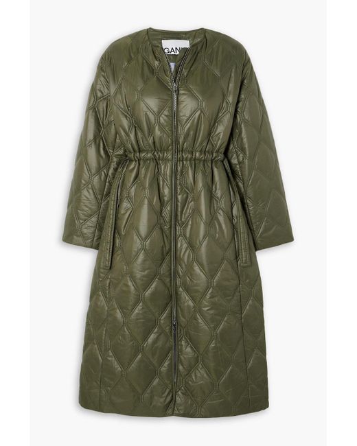 Ganni Green Quilted Glossed-shell Coat