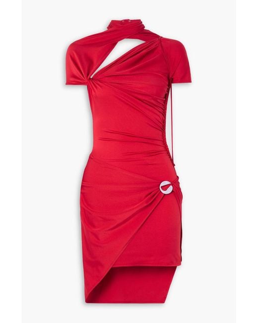 Coperni Red Asymmetric Embellished Draped Stretch-jersey Mini Dress
