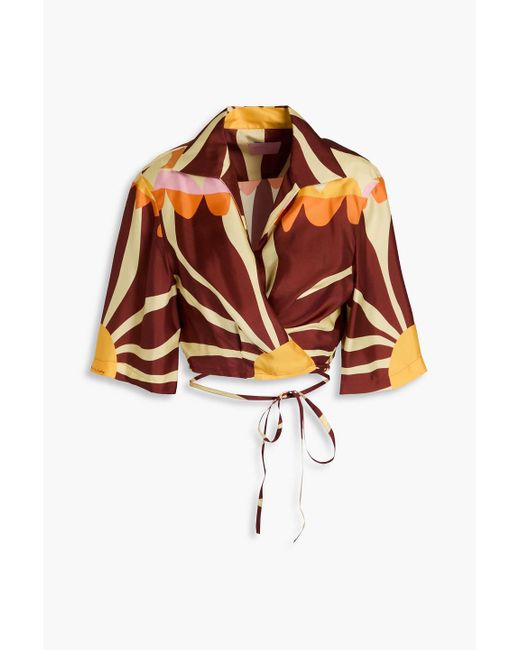 Sandro Brown Cropped Printed Silk-Till Wrap Blouse