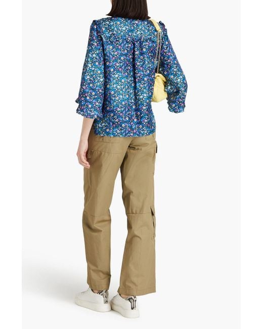 Sandro Blue Ruffled Floral-print Silk-twill Shirt