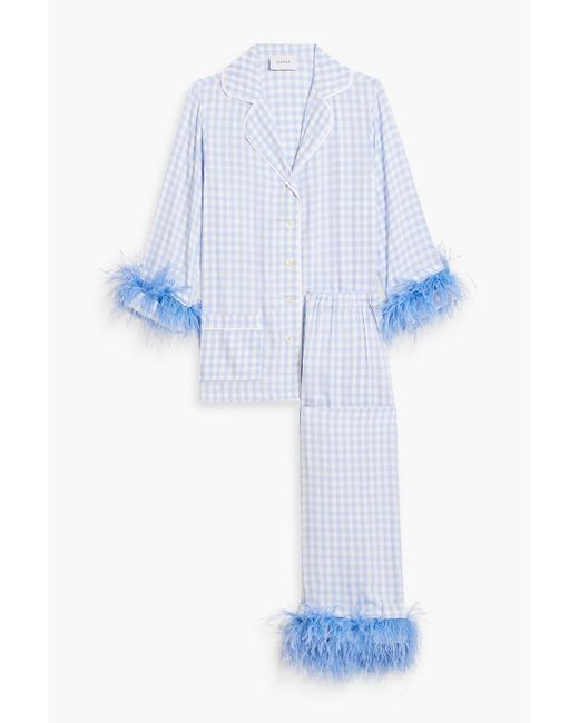 Sleeper Blue Party Checked Feather-embellished Twill Pajama Set