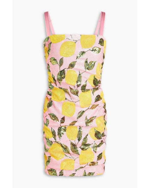 Dolce & Gabbana Yellow Gerafftes minikleid aus tüll mit pailletten
