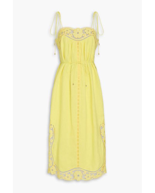 Zimmermann Yellow Pleated Guipure Lace And Linen Midi Dress