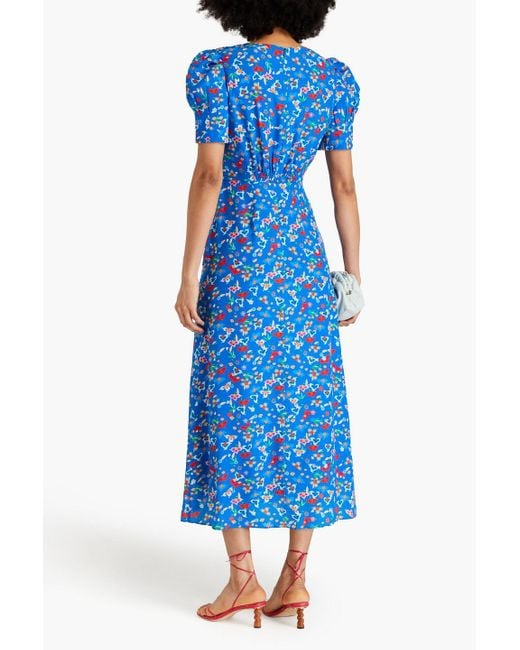 Saloni Blue Bianca Floral-print Silk Crepe De Chine Midi Dress