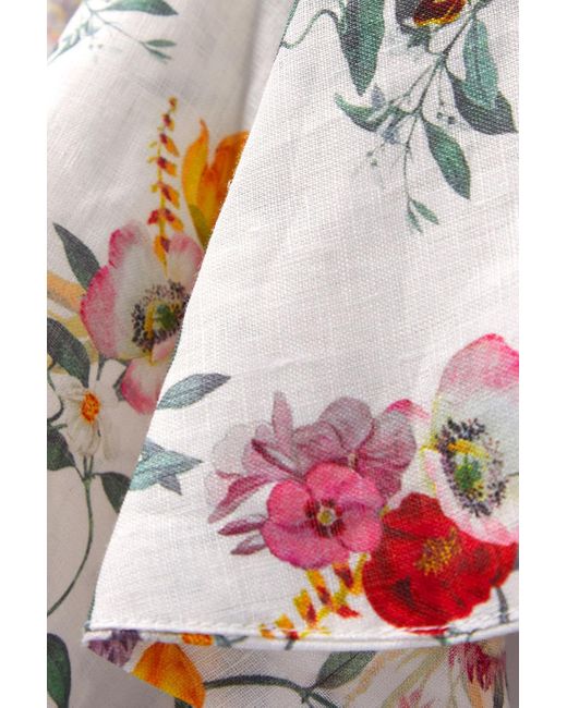 Zimmermann White Asymmetric Ruffled Floral-print Linen Midi Wrap Dress