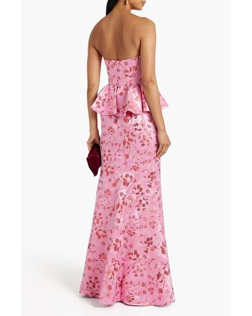 Marchesa Pink Strapless Metallic Brocade Peplum Gown