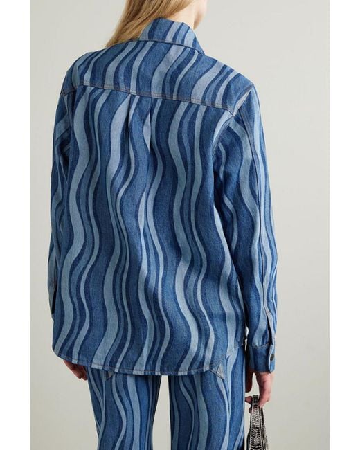 Area Blue Sunray Embellished Printed Ruffled Denim Shirt