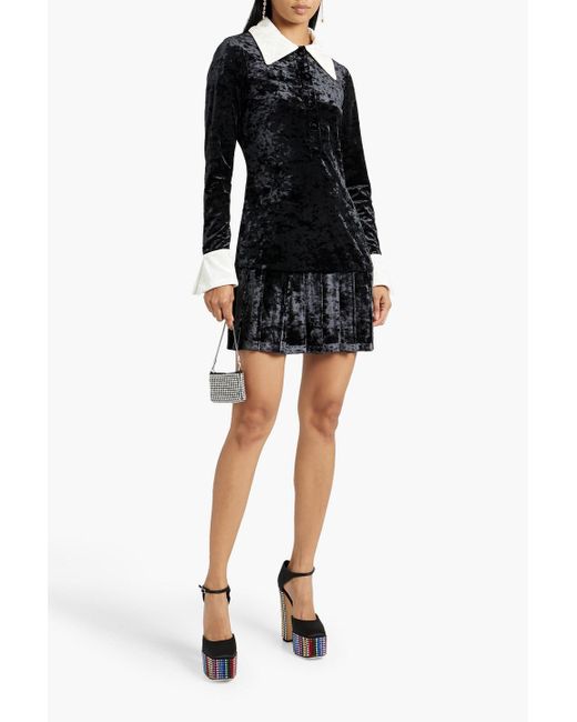 Anna Sui Black Pleated Crushed-velvet Mini Dress
