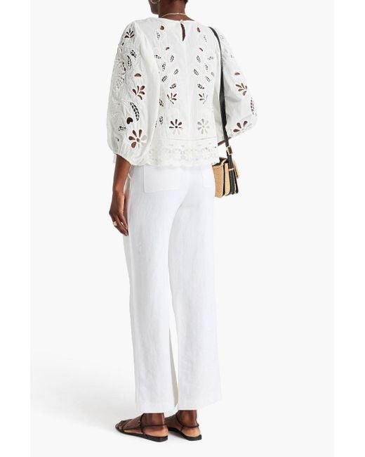 Farm Rio White Richillieu Pintucked Broderie Anglaise Cotton Blouse