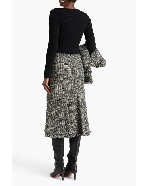 Erdem Gray Pleated Frayed Bouclé-tweed Midi Skirt